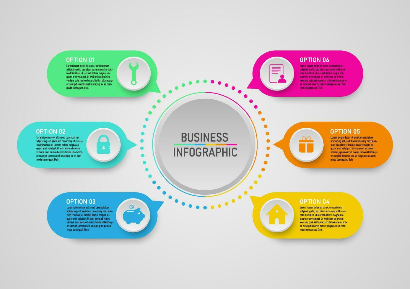 business infographic square option multi colored circles with center icons and circle dots gray gradient background design for marketing, finance, investment, product, project, planning vector