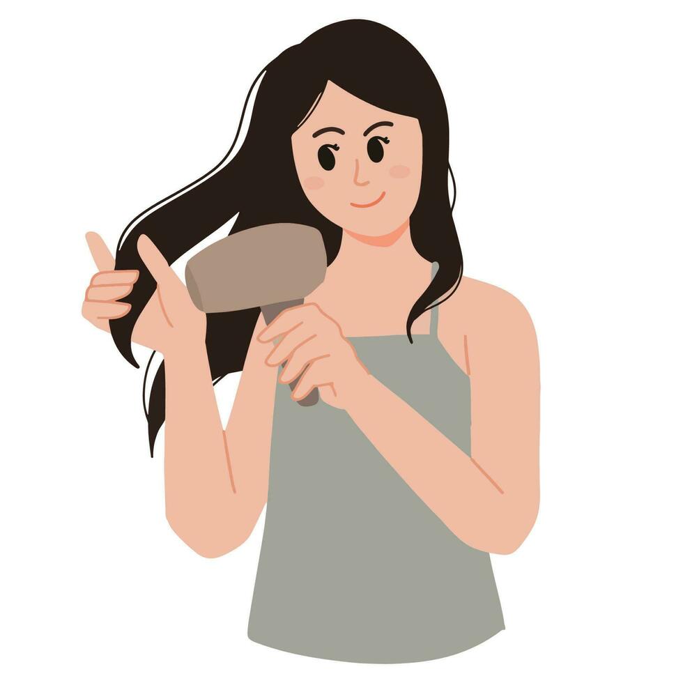 beautiful woman drying her hair using hair dryer get ready wet hair illustration vector