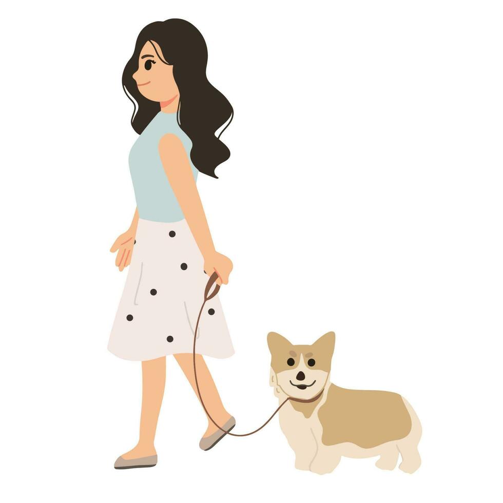 a fashionable woman walking around with her dog illustration vector