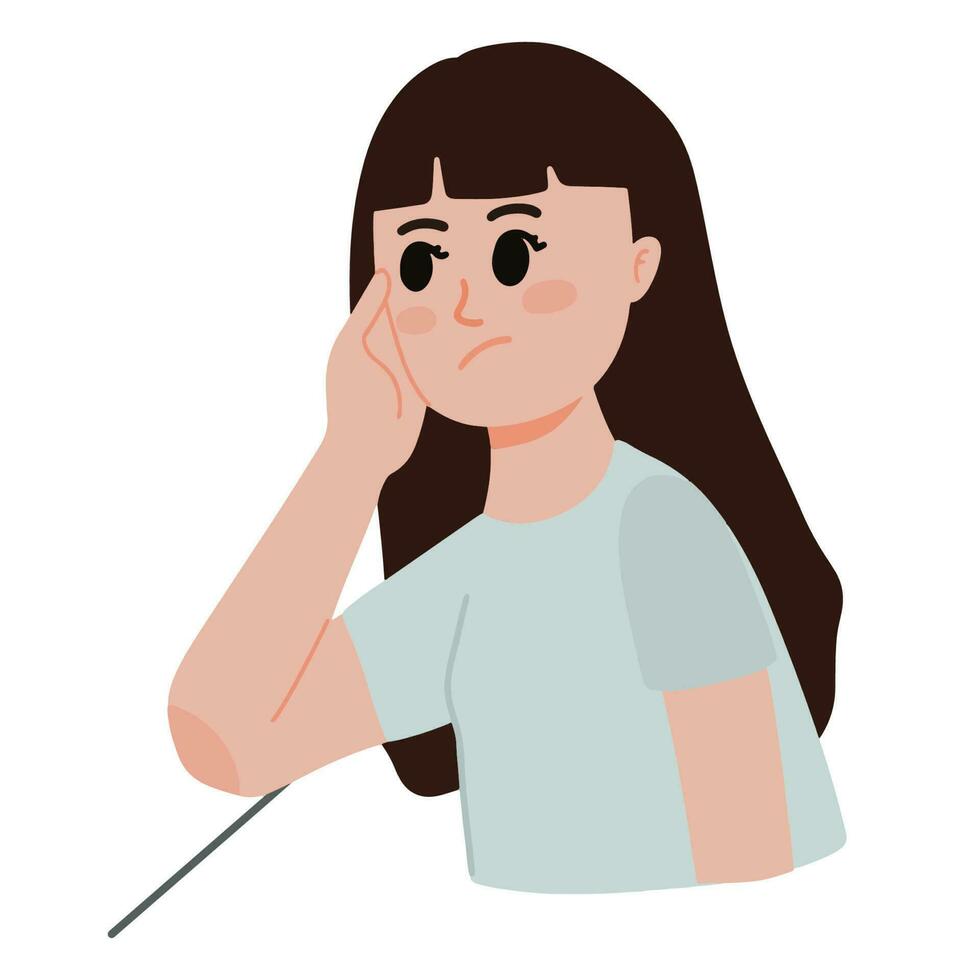 a portrait of daydreaming woman thinking with hand on cheek looking sad and confused illustration vector