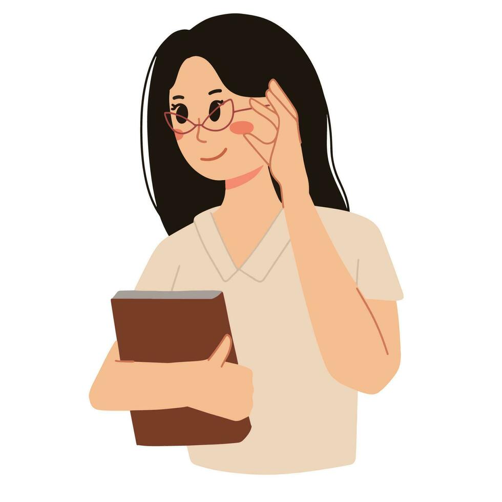 a woman holding a book wearing glasses as a teacher or college student illustration vector