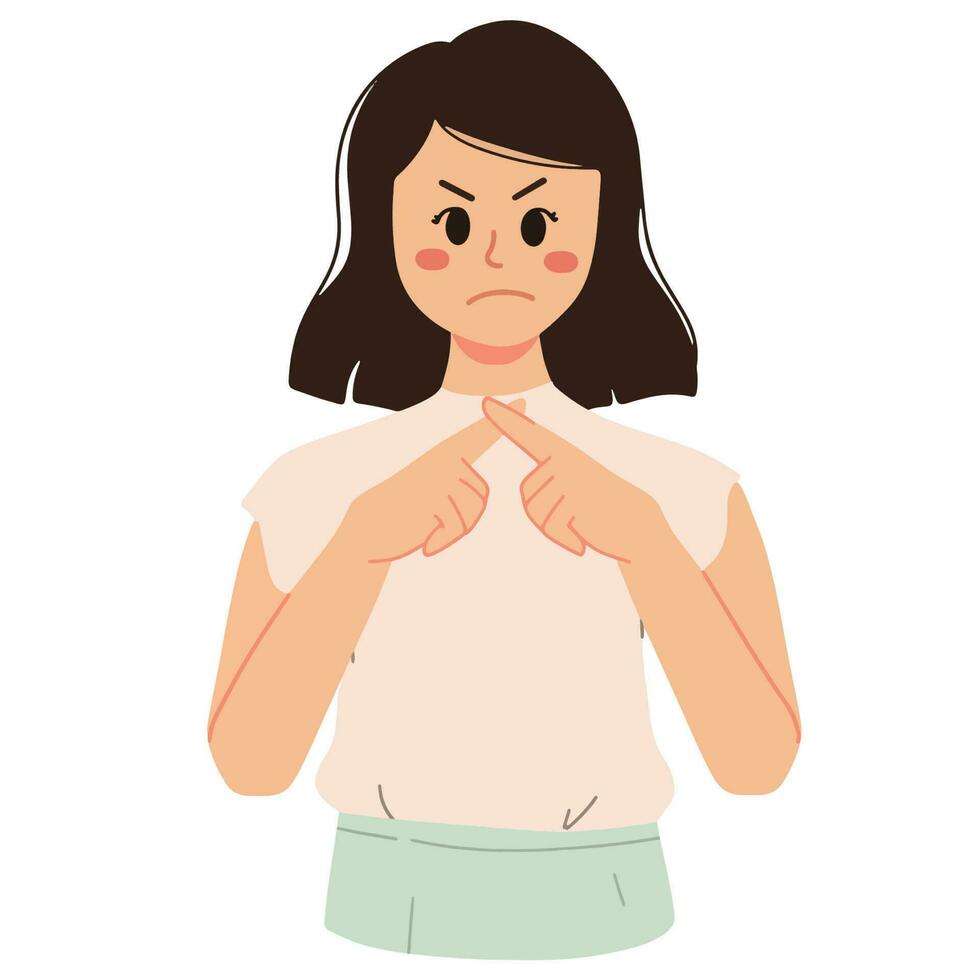 a portrait of woman with no gesture decline crossing fingers and angry face illustration vector