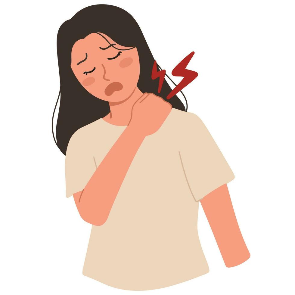 mujer teniendo un cuello y hombro dolor ilustración vector