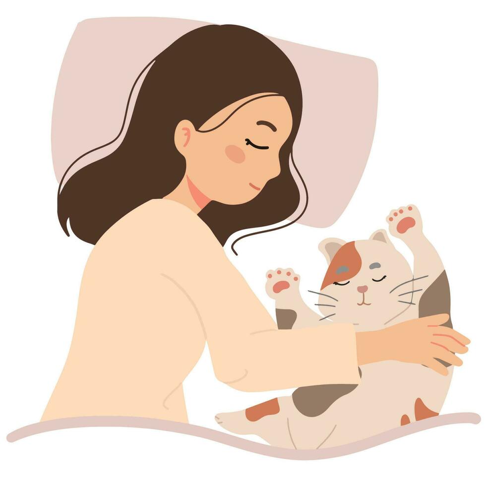 sleeping woman hugging a cat illustration vector