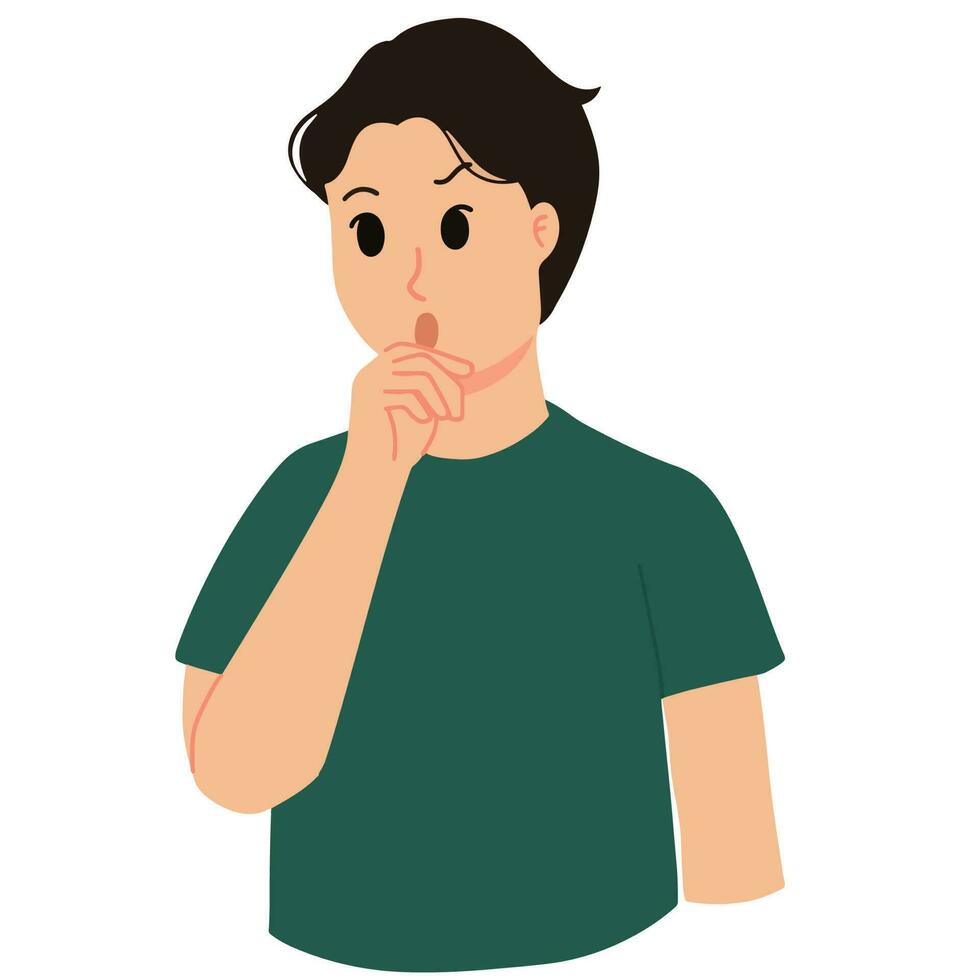 man listening and talking with friend with hand on chin illustration vector