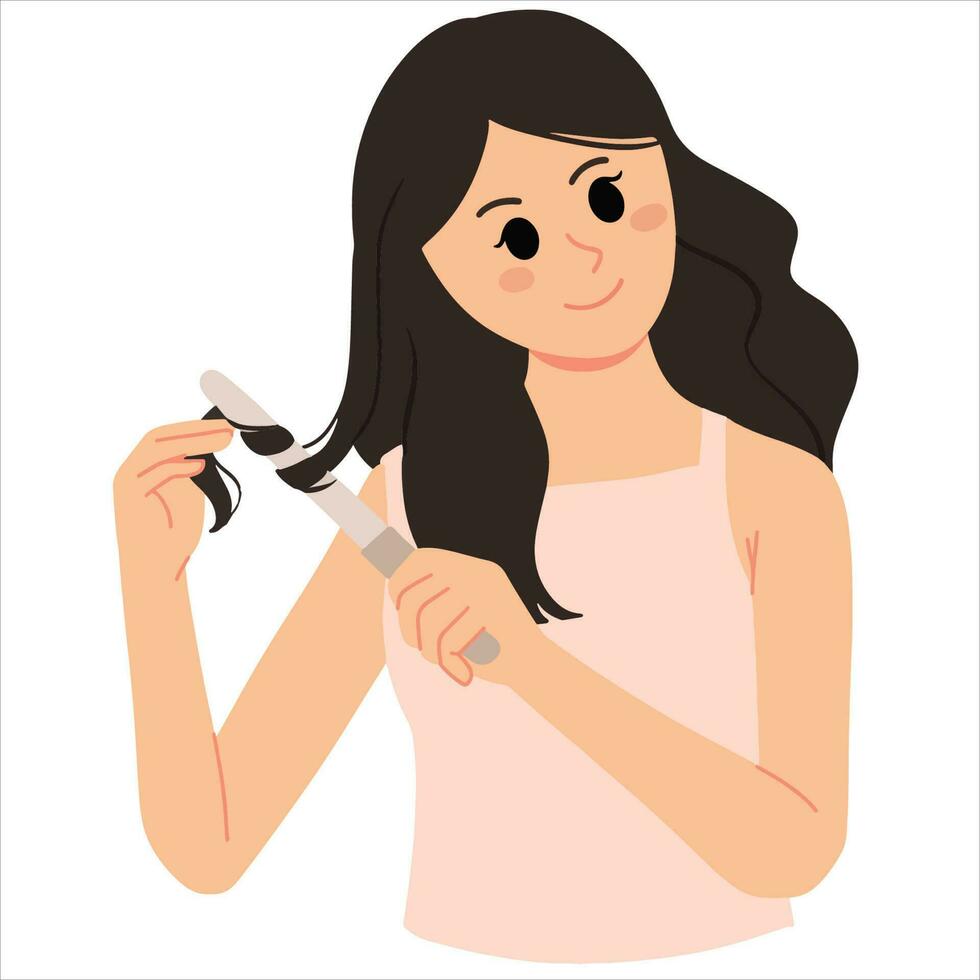 woman curly her hair with iron illustration vector