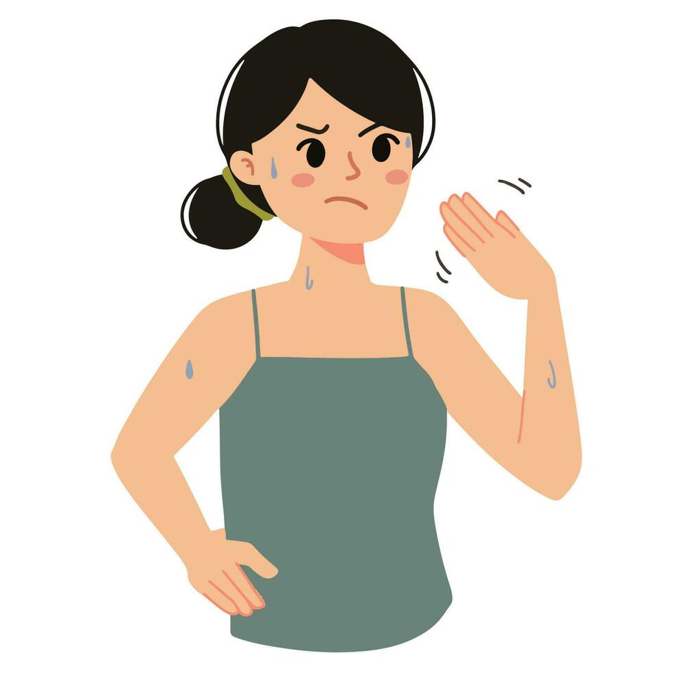 a woman feeling hot summer while sweating and cooling herself with hand illustration vector