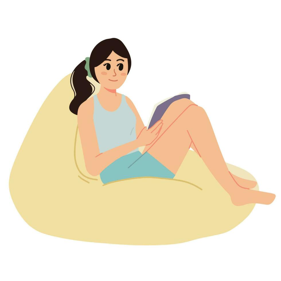 mujer relajarse y descansando mientras leer libro y sentar en frijol bolso ilustración vector