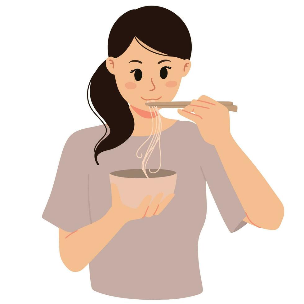 mujer comiendo ramen tallarines con palillo ilustración vector