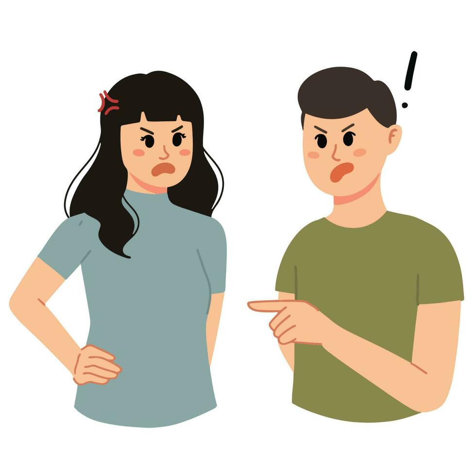 hombre y mujer enojado a cada otro, Pareja discutiendo enojado señalando y gritando ilustración vector