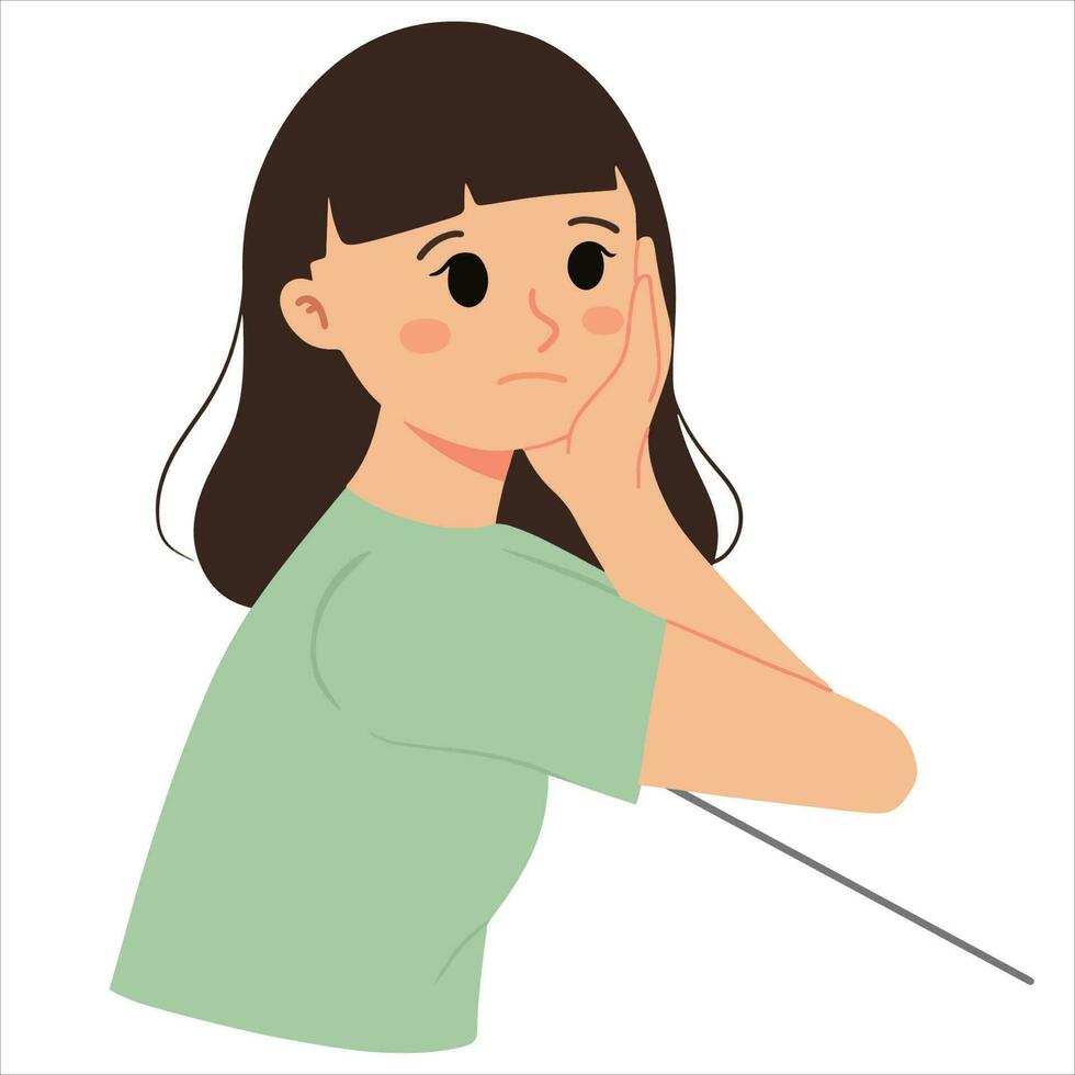 woman thinking with hand on chin wondering and day dreaming illustration vector