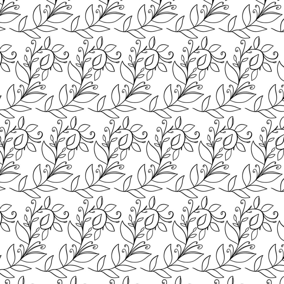 Seamless floral pattern with twigs. Botanical background, repeating prints. Blooming herbs texture design for your design. Hand drawn vector illustration