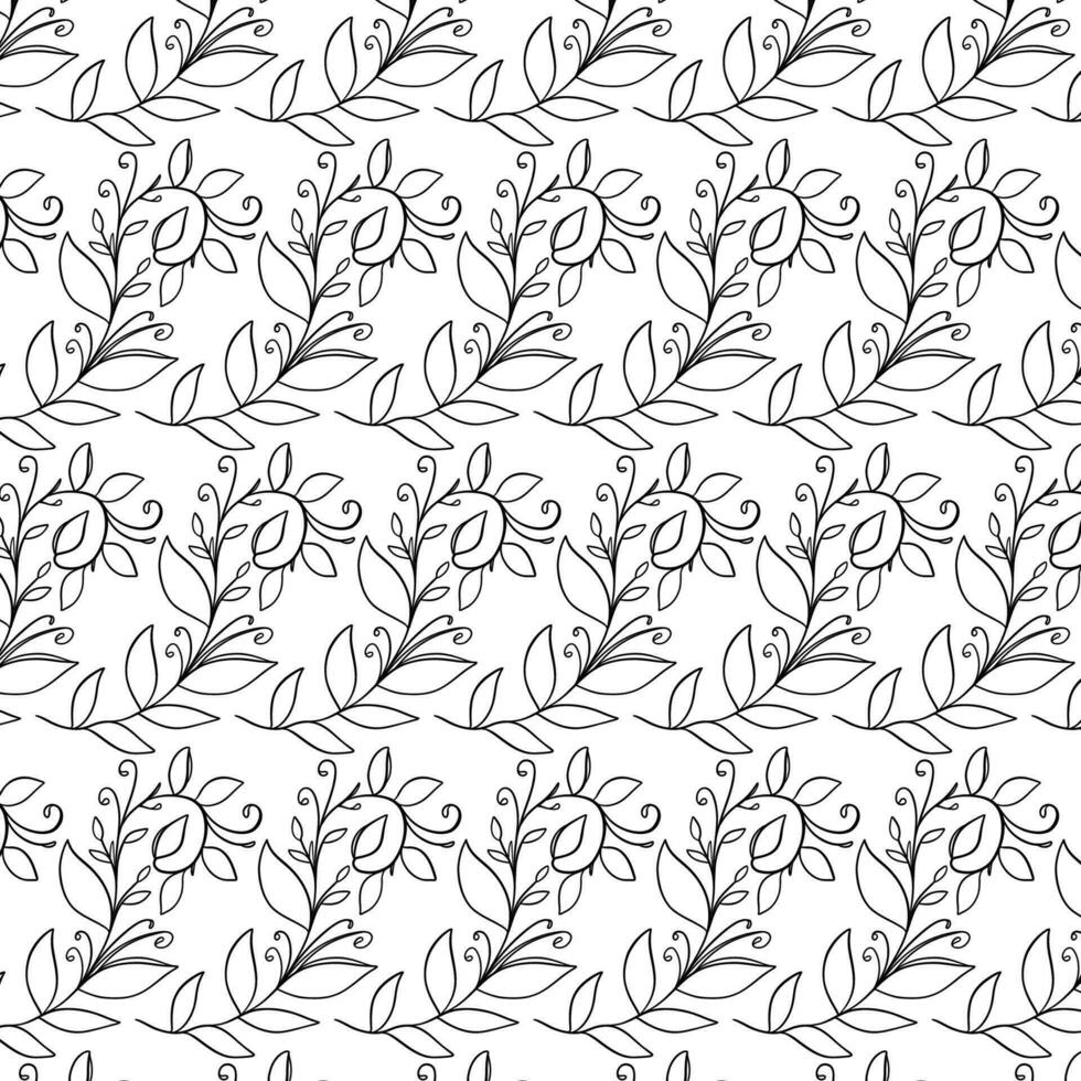 Seamless floral pattern with twigs. Botanical background, repeating prints. Blooming herbs texture design for your design. Hand drawn vector illustration