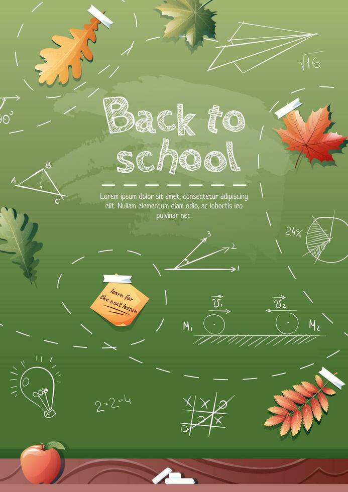 Back to school poster with school items and elements. Background with drawings drawn in chalk on a school blackboard vector