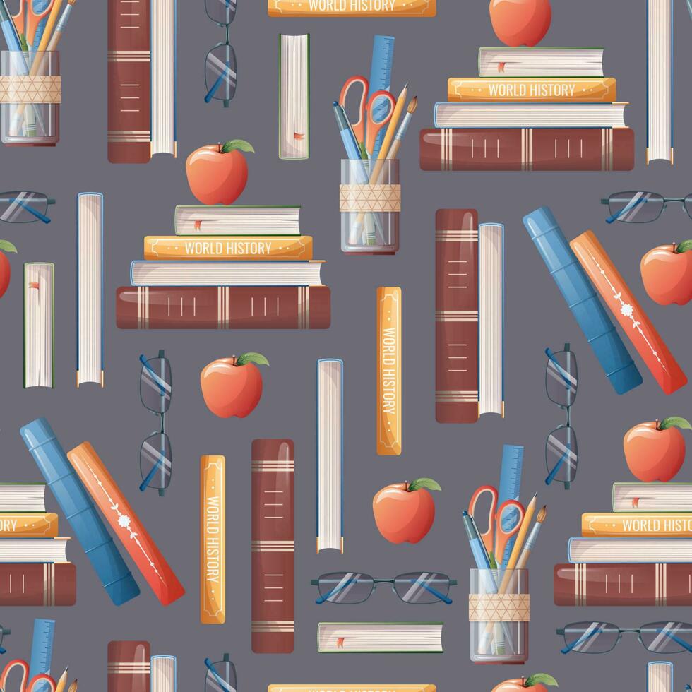 Seamless pattern with books, stationery, apple. School texture. Great for fabric, paper, wallpaper, scrapbooking vector