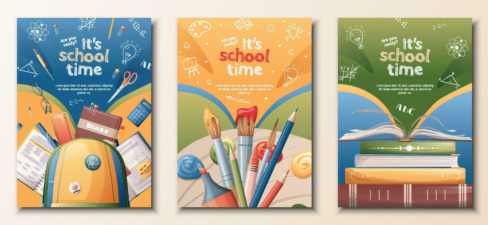 School banners set. Back to school, knowledge, education. Posters with school textbooks, books, backpack, paints. Vector set of a4 size flyers.