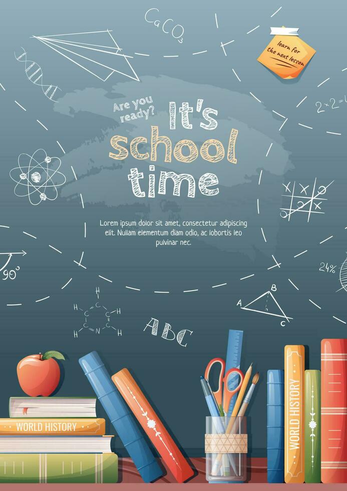 Background with drawings drawn in chalk on a school blackboard. Back to school poster with school items and elements vector