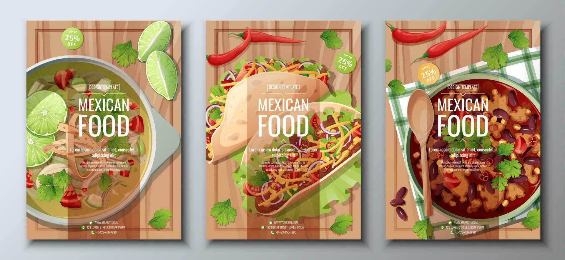 Mexican food flyer set on wooden background. Tacos, lime and bean soup. Banner, menu, poster, advertisement of traditional Mexican food vector