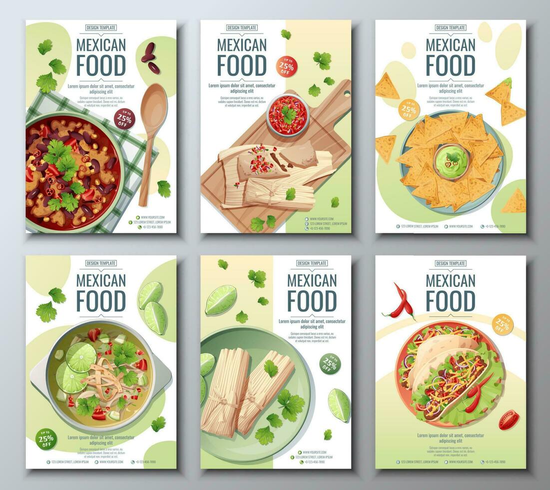 Mexican food flyer set on a green background. Tamales, nachos, tacos, lime and bean soup. Banner, menu, poster, advertisement of traditional Mexican food. vector