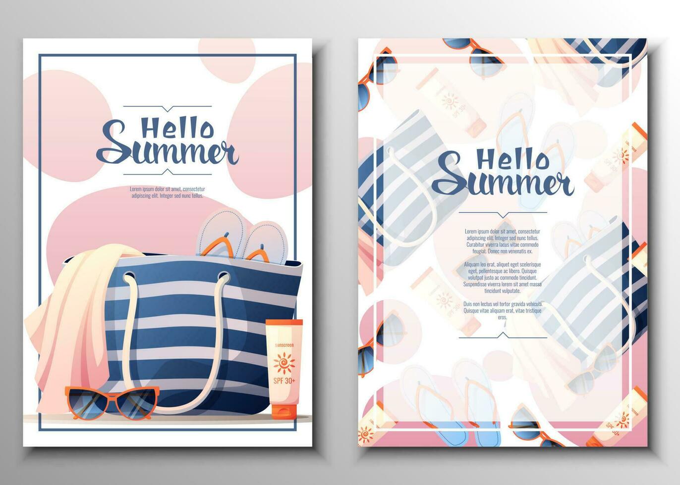 Flyer set with beach bag and accessories. Summer time, hello summer, beach vibe. Discount banner, promotion, advertising. vector