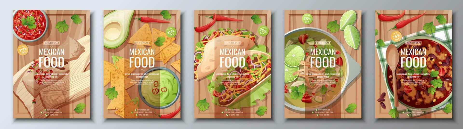 Mexican food flyer set on wooden background. Tamales, nachos, tacos, lime and bean soup. Banner, menu, poster, advertisement of traditional Mexican food. vector
