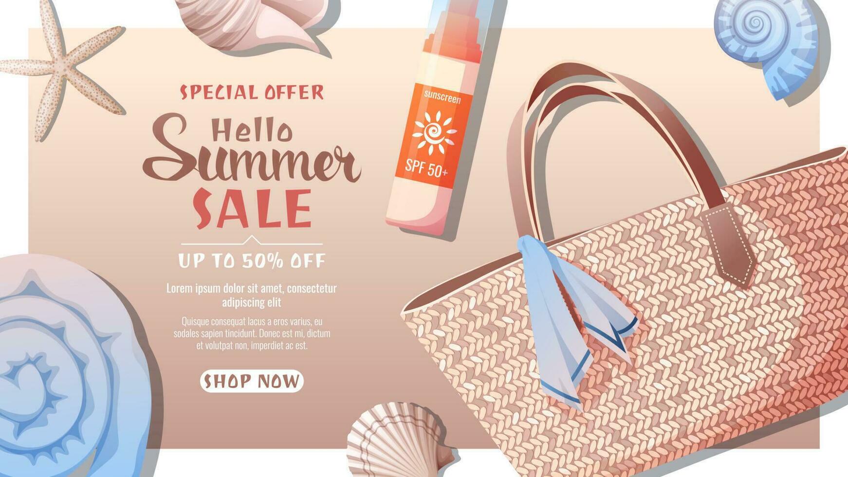 Composition with beach bag, sunscreen, towel and seashells on the sand. Beach vibe, summer time, holidays. Summer sale template, discount banner. Vector background
