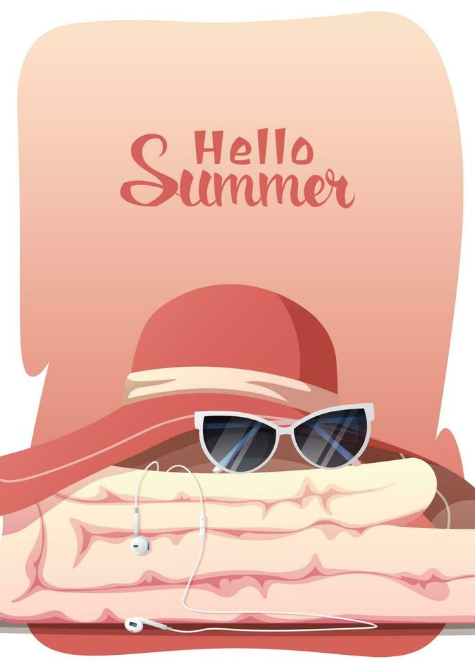 Poster with beach hat and summer accessories. Summer time, hello summer. Sunglasses, towel. Postcard, banner, background for summer holidays. vector