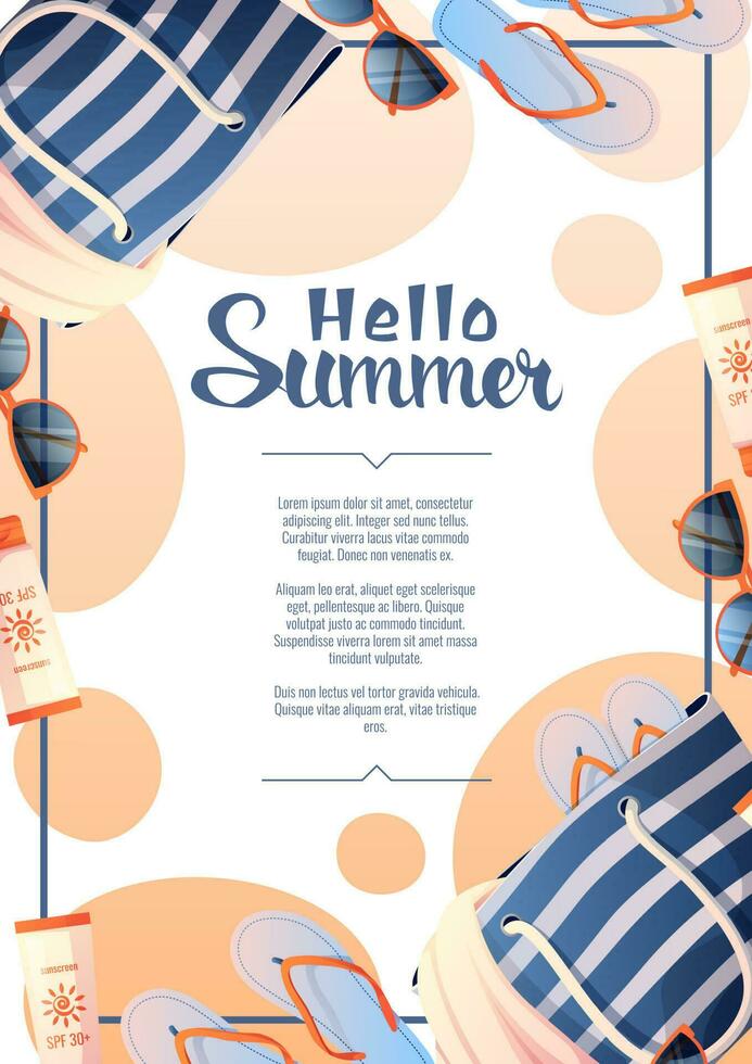 Flyer with beach bag and accessories. Summer time, hello summer, beach vibe. Discount banner, promotion, advertising. vector