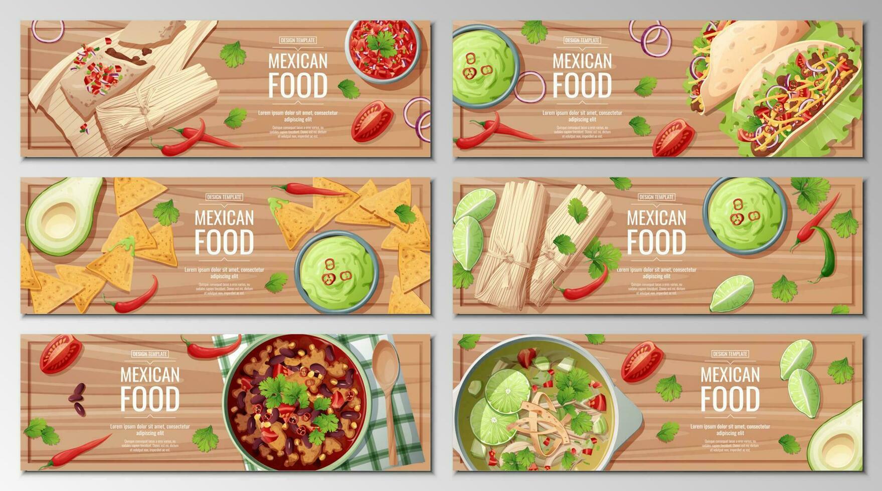 Set of horizontal banners with mexican food on a wooden background. Tamales, nachos, tacos, lime and bean soups. Banner, flyer, poster, advertisement of traditional Mexican food vector