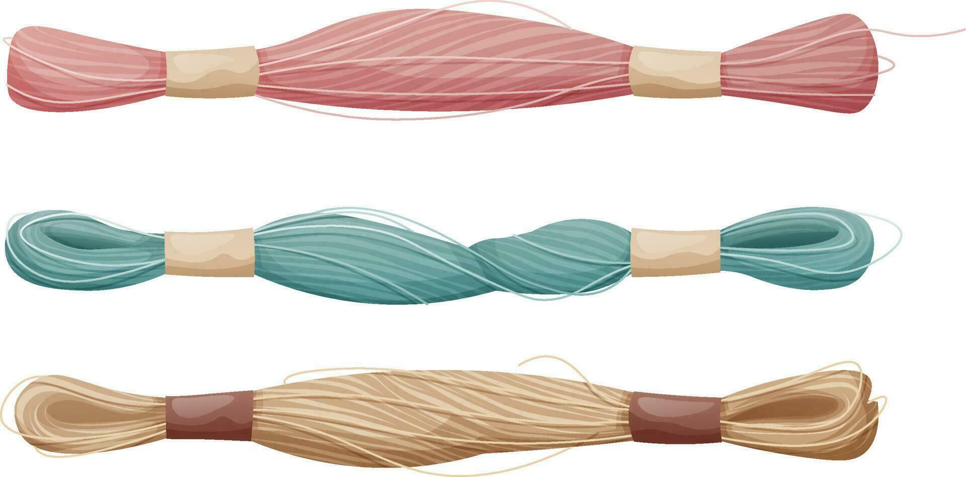 Set of floss for embroidery on an isolated background. Pink, blue yellow bunches of yarn, threads. Vector illustration of sewing supplies.