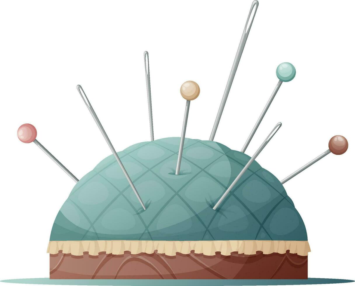 Soft pincushion for storing pins and needles on an isolated background. Pin cushion. Sewing tool. Vector illustration.