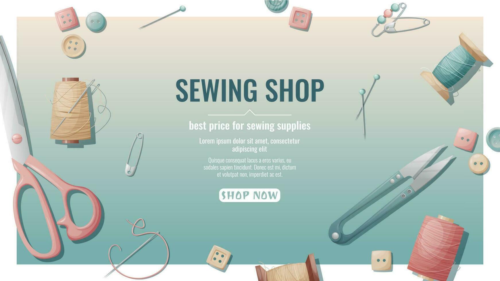 Sewing shop banner with seamstress working tools. Threads, scissors, needles, pins located on the surface. Sewing accessories, handicraft, hobby vector