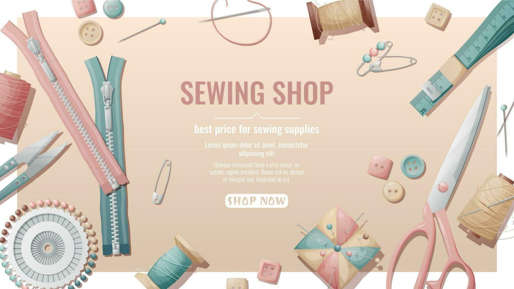 Sewing shop banner with seamstress working tools. Sewing accessories, handicraft, hobby. vector