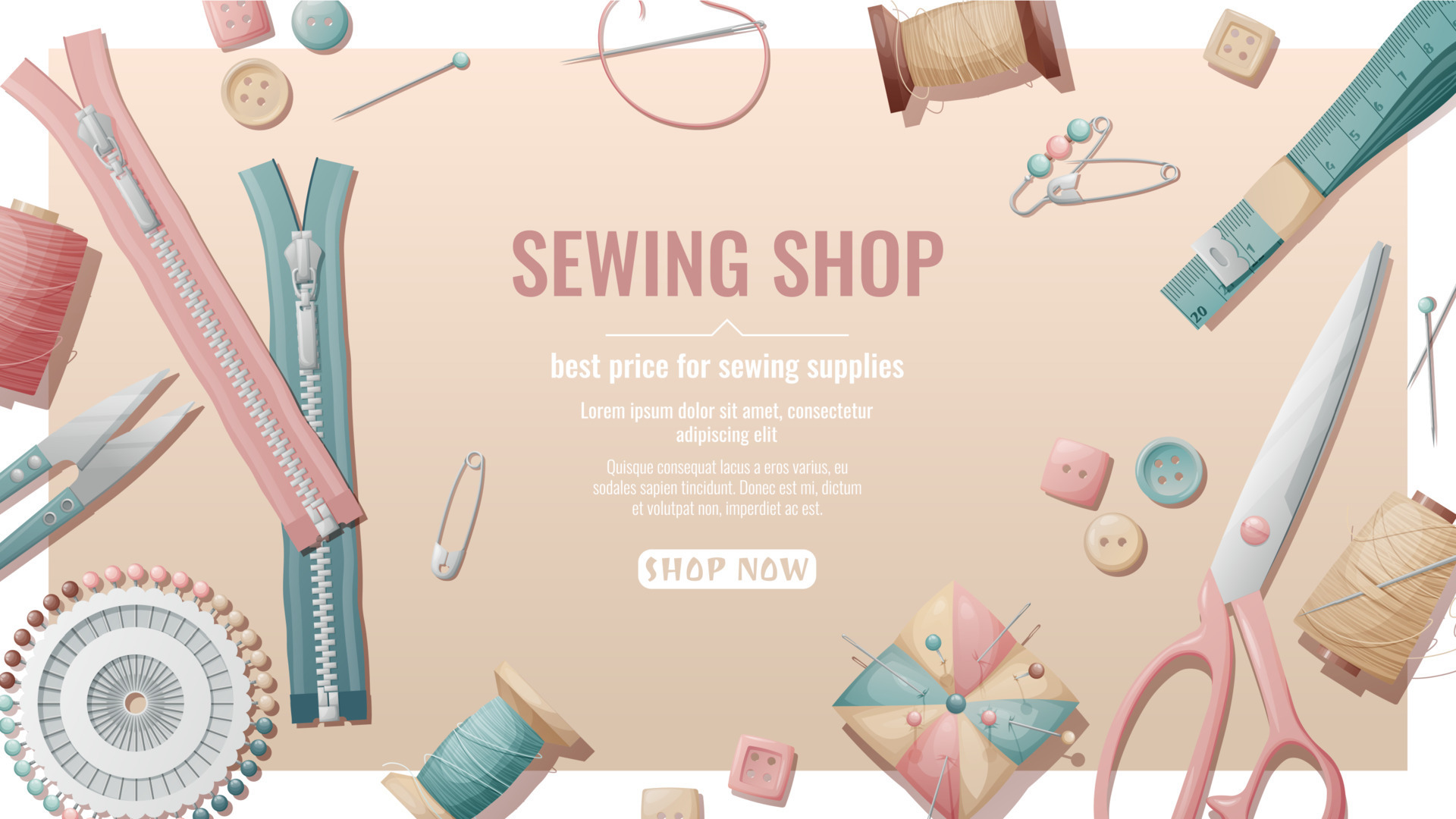 Sewing shop banner with seamstress working tools. Sewing accessories