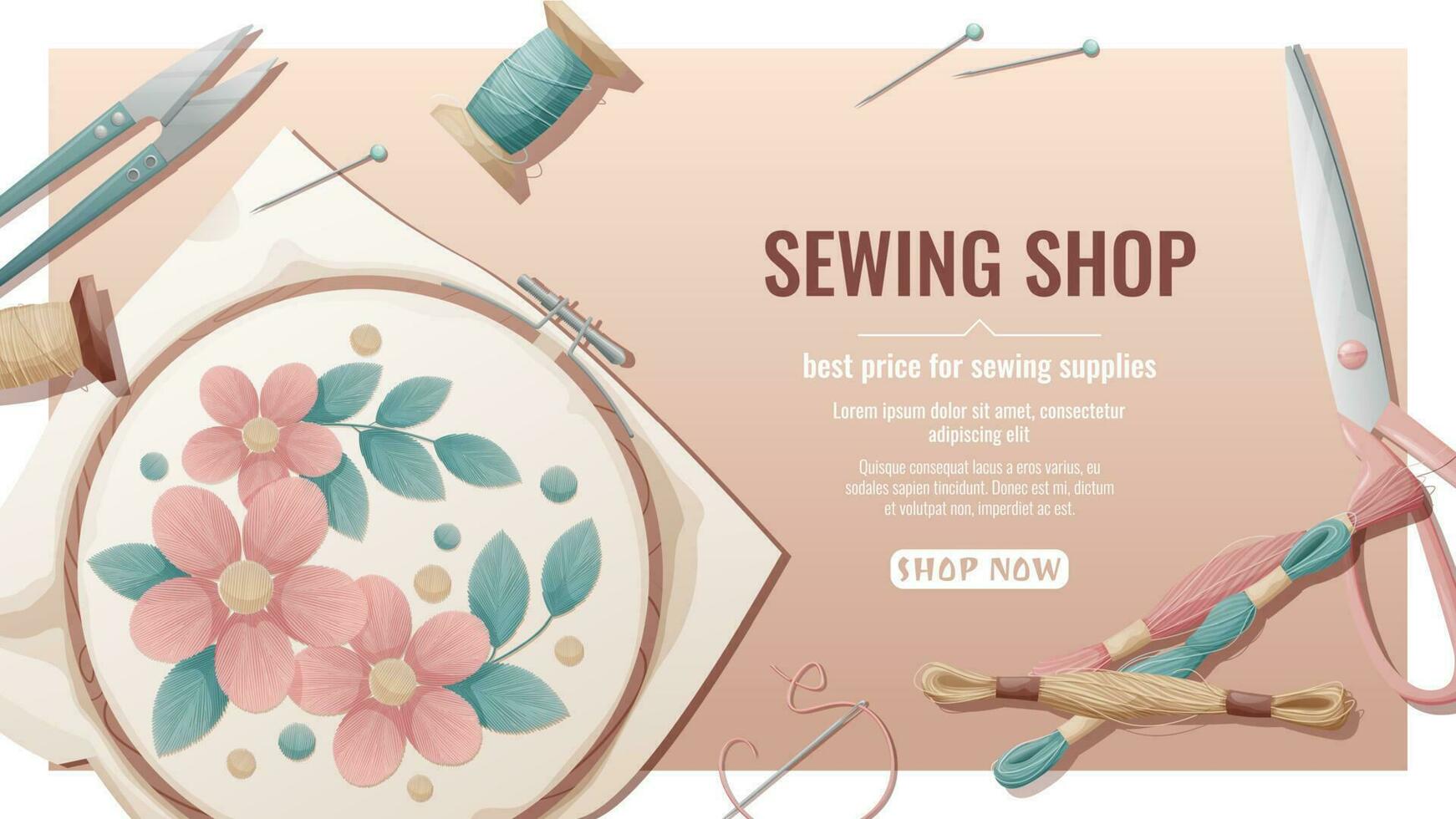 Sewing shop banner with seamstress working tools. Sewing accessories, handicraft, hobby. Threads, scissors, embroidery hoop located on the surface. vector