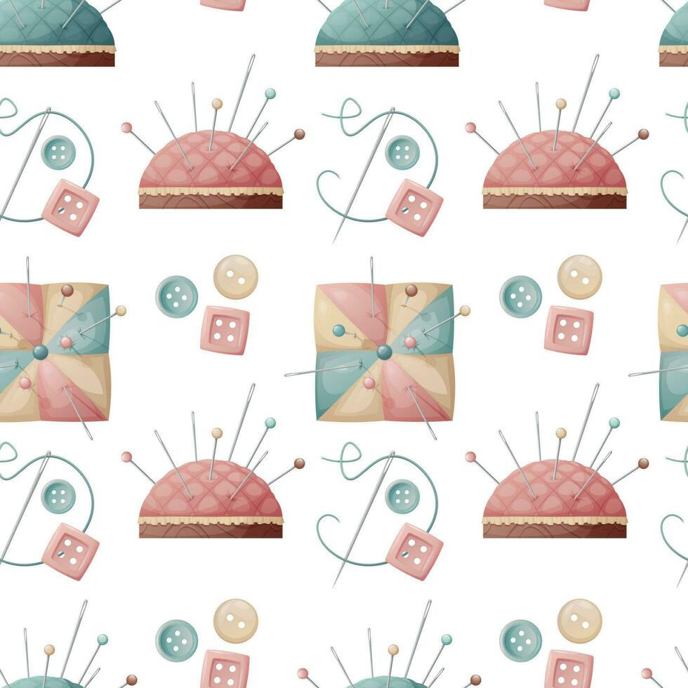 Seamless pattern with a pin cushion and buttons. Sewing atelier, needlework, hobby. Suitable for fabric, wallpaper, decor, clothes, wallpaper. vector
