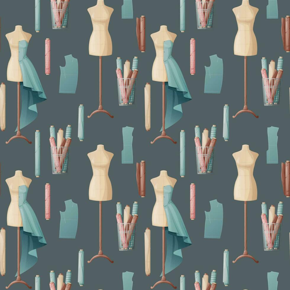 Seamless pattern with sewing accessories. Dress on a mannequin, fabric, clothing pattern. Great for fabric, wallpaper, paper vector