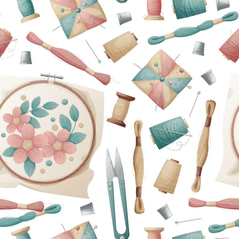 Seamless pattern with hoop, needle bed, floss threads. Embroidery, hobby, handmade. Great for fabric, wallpaper, paper. vector