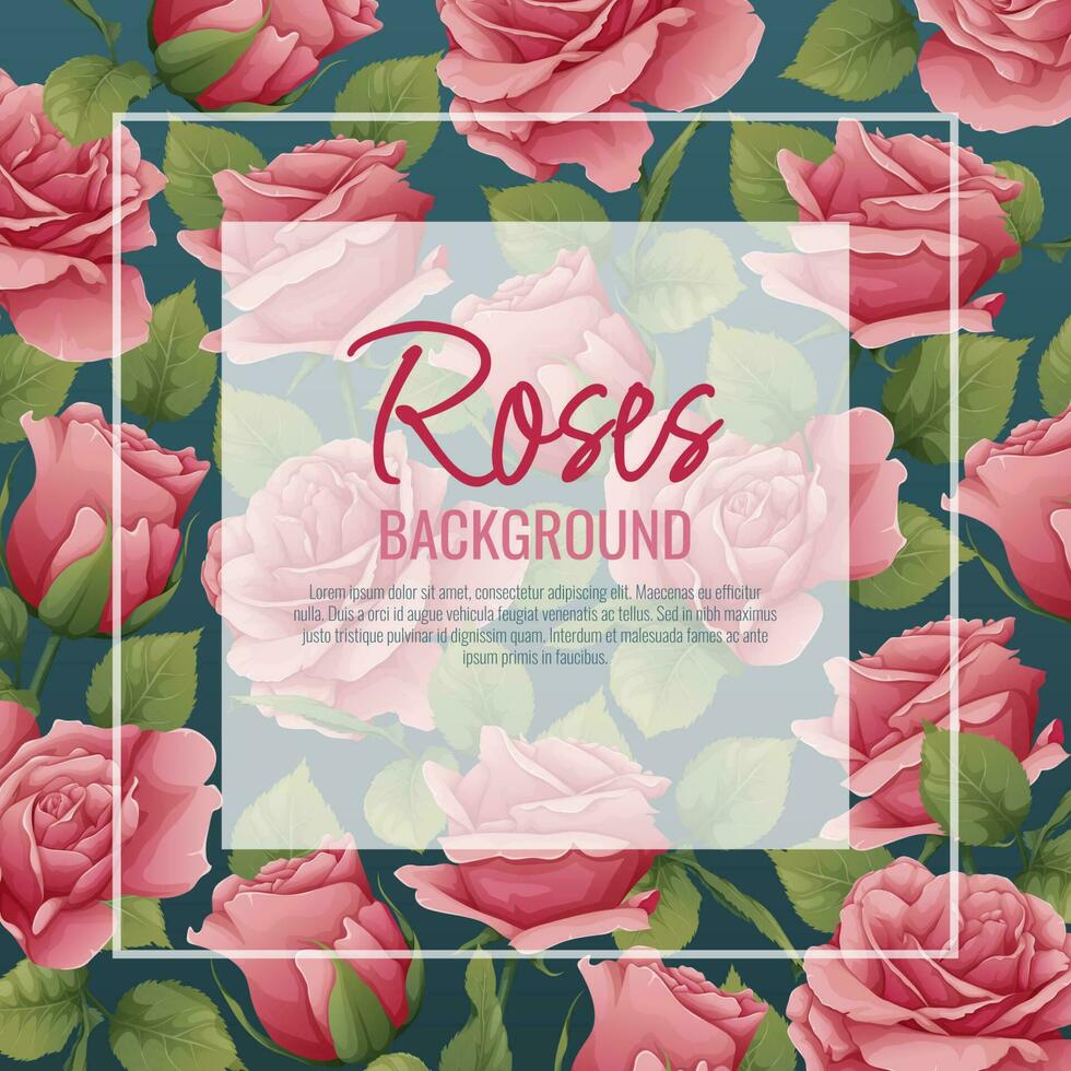 Frame with roses. Border with pink flowers and green leaves. Background, postcard with botanical elements. Vector illustration.