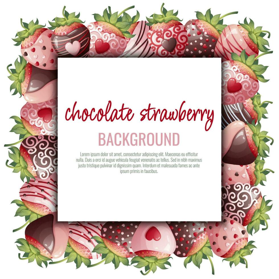Postcard with chocolate strawberries. Border, frame with romantic sweet dessert, berry in chocolate syrup. Background with strawberries decorated with chocolate chips. Vector illustration