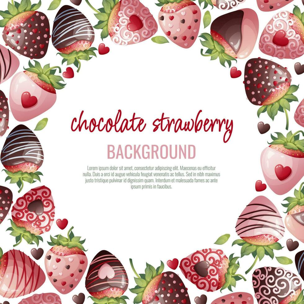 Postcard with chocolate strawberries. Border, frame with romantic sweet dessert, berry in chocolate syrup. Background with strawberries decorated with chocolate chips. Vector illustration.