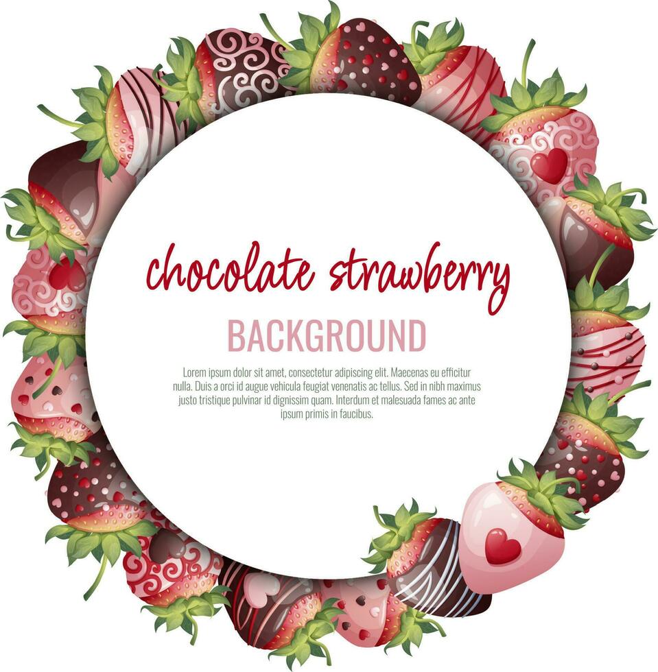 Postcard with chocolate strawberries. Border, frame with romantic sweet dessert, berry in chocolate syrup. Background with strawberries decorated with chocolate chips. Vector illustration.