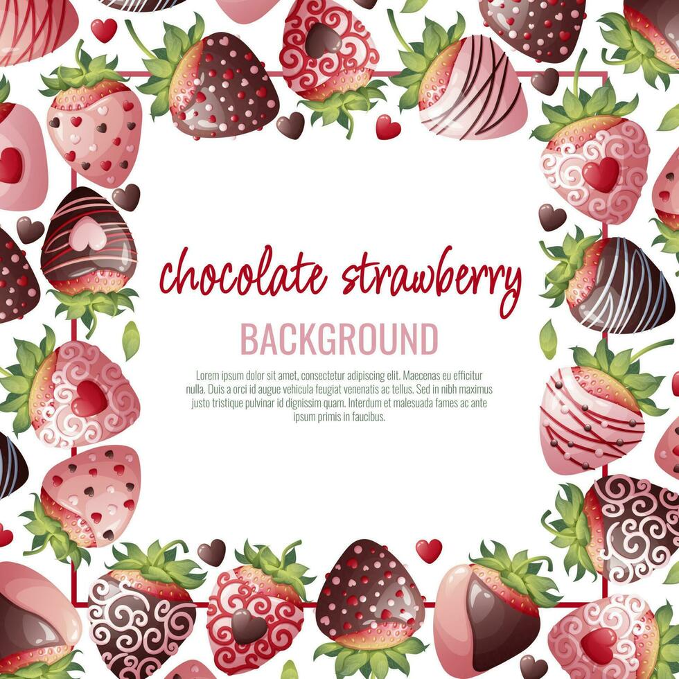 Postcard with chocolate strawberries. Border, frame with romantic sweet dessert, berry in chocolate syrup. Background with strawberries decorated with chocolate chips. Vector illustration.