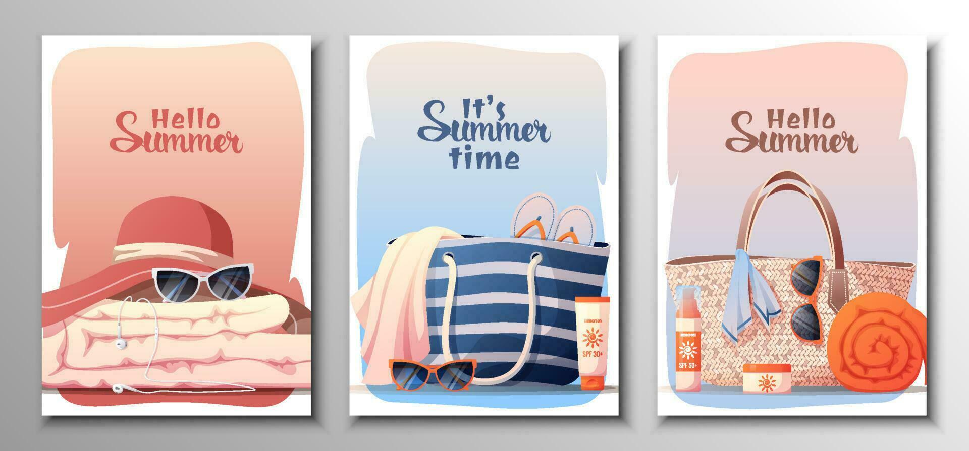 Set of summer postcards. Hello summer beach vibe. Beach accessories, bag, sunscreen, sunglasses. Flyer, poster, banner for summer action. vector