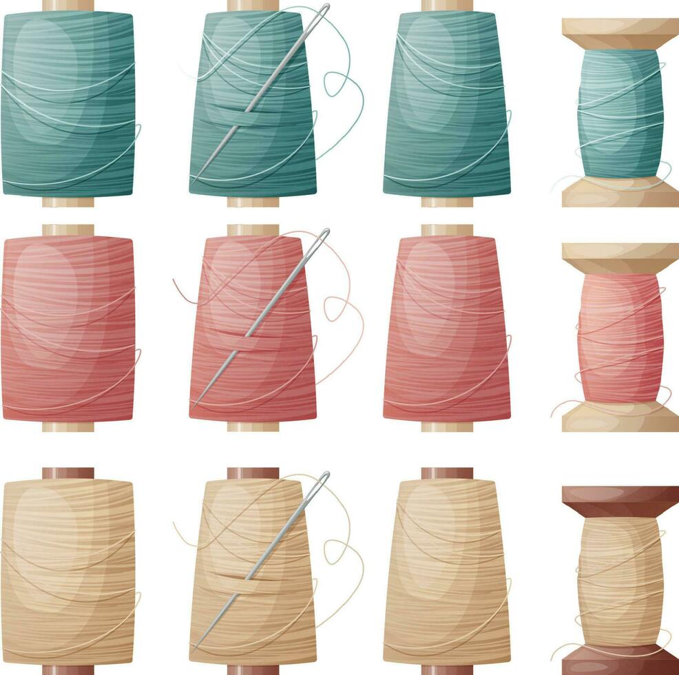 Set of spools of thread on an isolated background. Blue, pink, yellow silk threads with a needle. Vector illustration of a seamstress tool