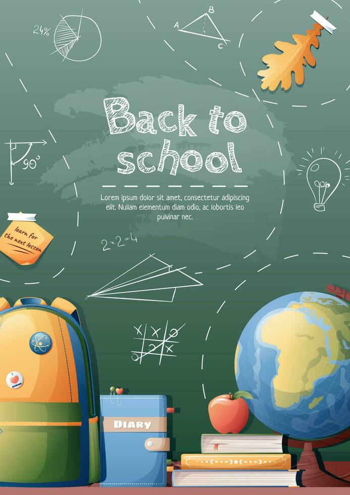 Back to school poster with school items and elements. Background with drawings drawn in chalk on a school blackboard. vector