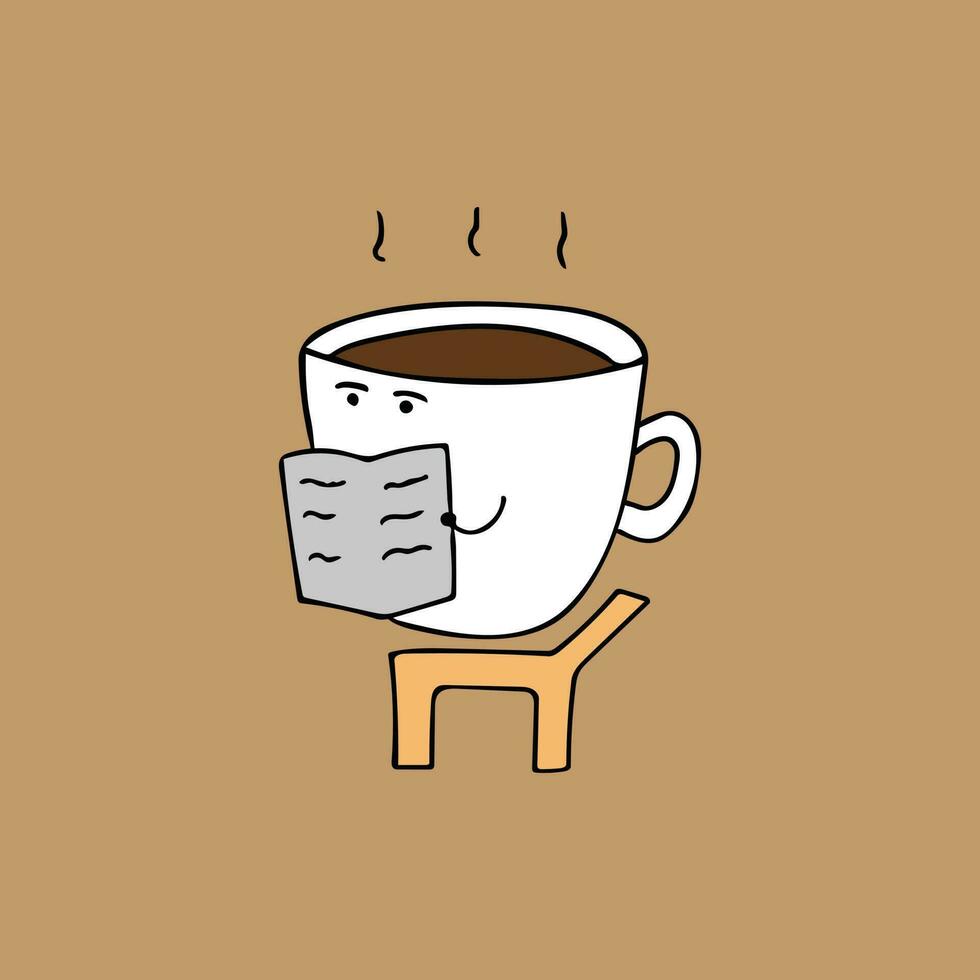 Cute coffee reading newspaper Cartoon Mascot Character Vector illustration color children cartoon funny coffee clipart
