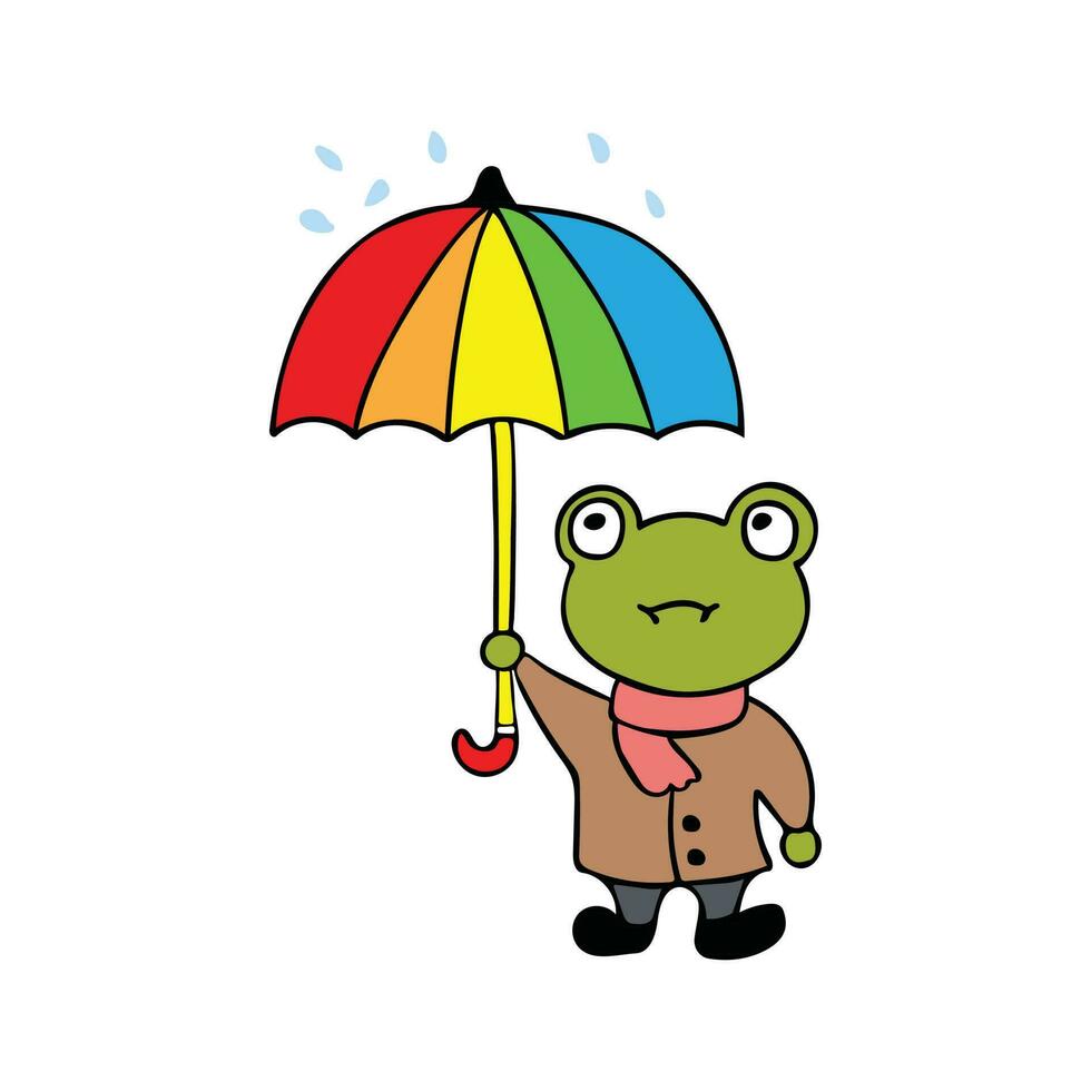 cute frog hold umbrella Cartoon Mascot Character Vector illustration color children cartoon clipart