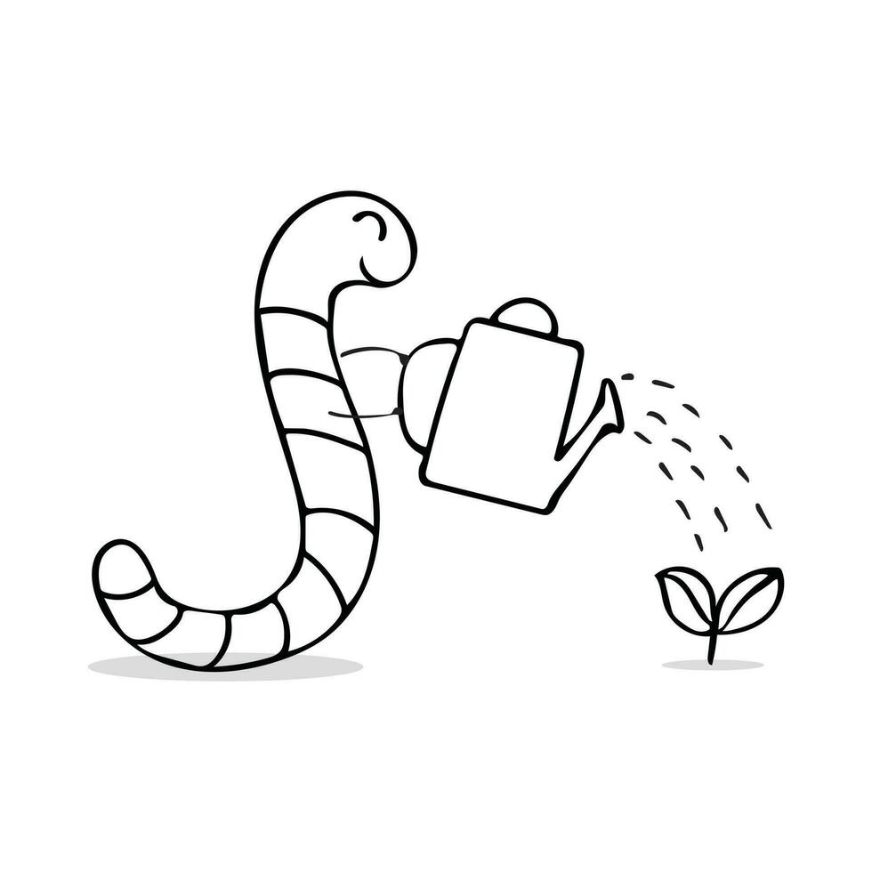 hand drawn cute worm watering and farming, cartoon animal nature concept Cartoon Mascot Character Vector illustration color children cartoon clipart