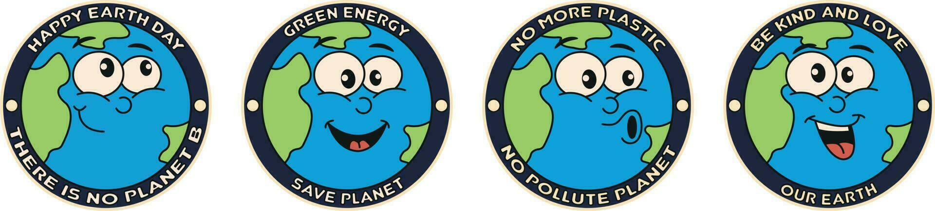 ollection of planet Earth environmental stickers with slogans - no planet B, energy saving, less plastic, kindness and love for the planet. Environment in trendy retro cartoon style. Ideas for Earth vector